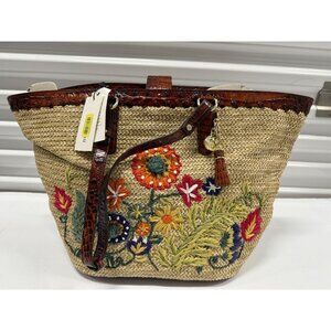Brahmin Woven Straw EMBROIDERED LARGE PURSE Romina Le Jardin Tote New $395